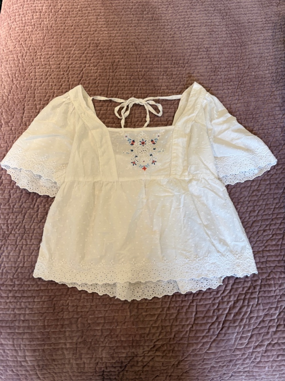 Old Navy White Eyelet Peasant Top with Floral Embroidery